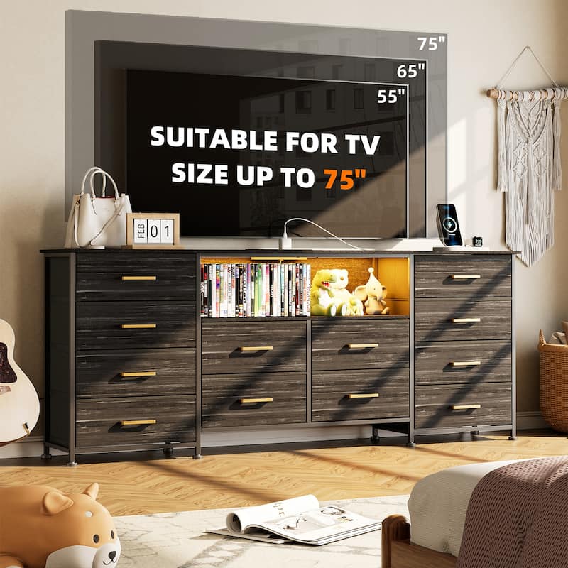 Dresser for Bedroom with Power Outlets And LED Lights, TV Pedestals, Large Size TV Stand with 12 Drawers