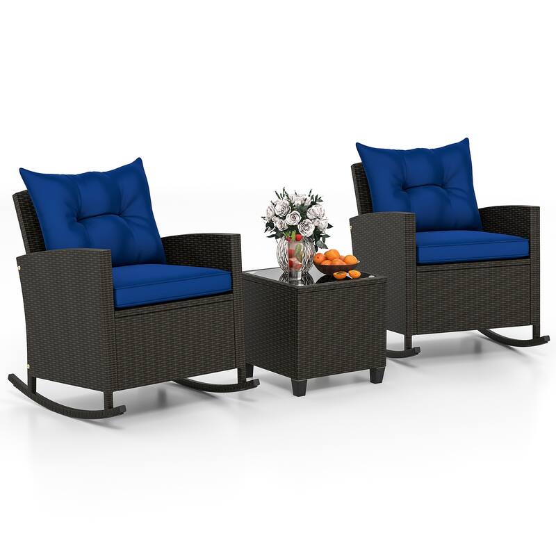 3-Pieces Patio Rattan Roker Chairs with Tufted Soft Cushions and Square Tempered Glass Table - 31.5" x 26" x 31.5"