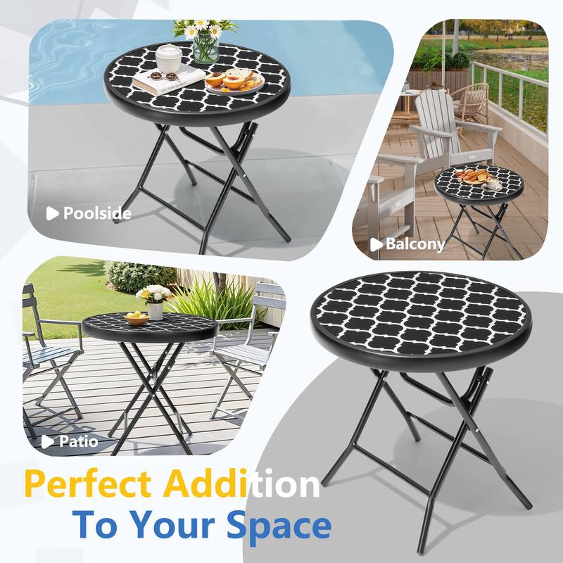 Outdoor Patio Folding Round Table Tempered Glass Top