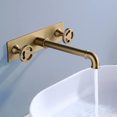 Industrial Wall Mount Bathroom Sink Faucet Widespread with 2 Handle in Gold