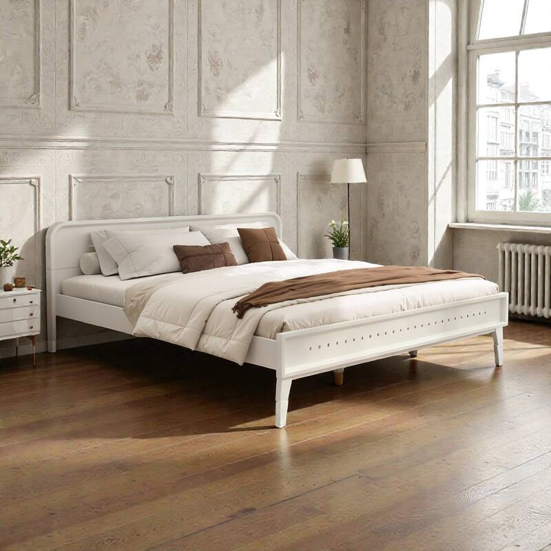 Modern Solid Wood Platform Bed, Pine Wood Queen/King Bed Frame with Slats, Stable No Box Spring