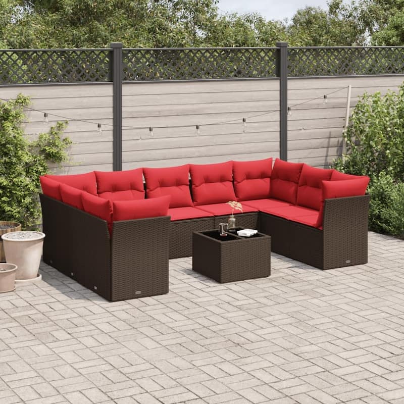 vidaXL 9/10 Piece Patio Sofa Set with Cushions Black/Brown/Gray Poly Rattan - 21.7 x 24.4 x 27.2