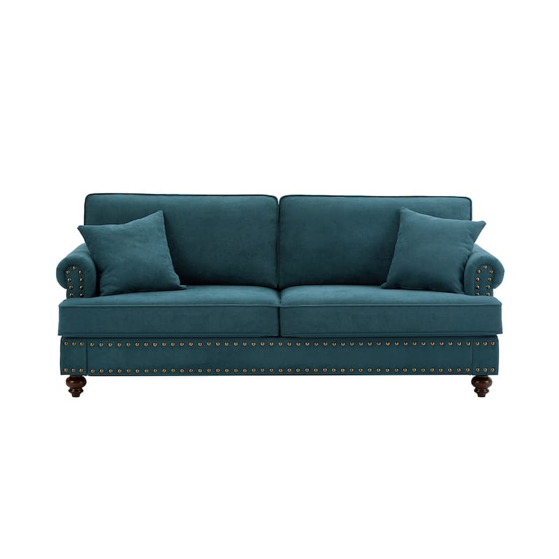 Green 82"Modern Chenille 3 Seater Sofa Couch, with Brown Legs, 2 Pillow and Removable Cushions, Back
