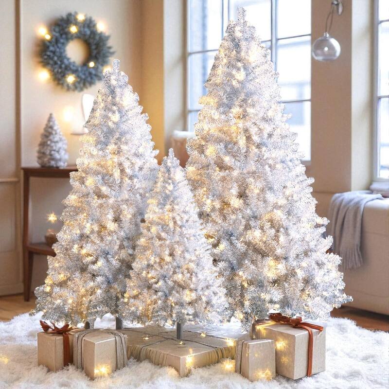 Silver Pre-Lit Artificial Christmas Tree Set 4FT 6FT 7.4FT with 850 LED Lights and 2400 Tips, Hinged PVC Trees