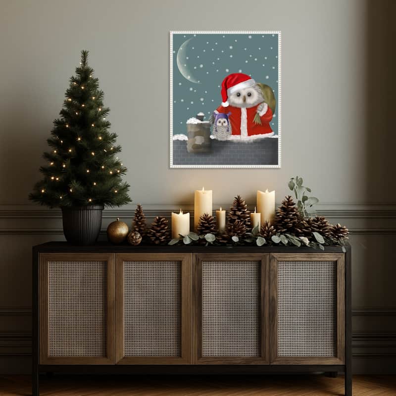 Christmas Santa Owl by Fab Funky (23 x 28 in.), Framed Canvas Wall Art Print - Sylvie Beaded White