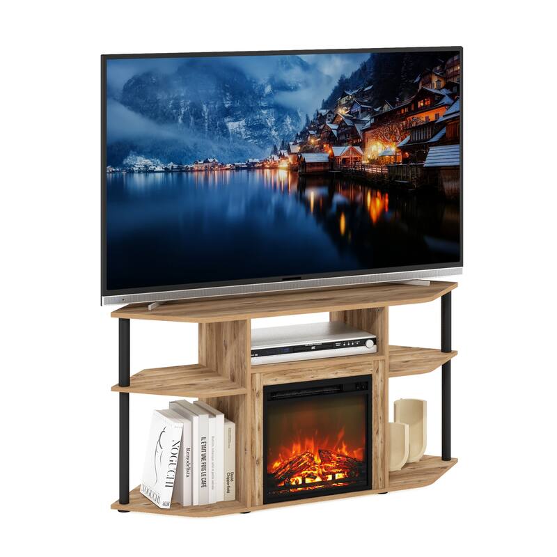 Furinno Jensen Open Storage Corner Fireplace TV Entertainment Center with Plastic Poles for TV up to 55 Inch