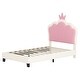 preview thumbnail 24 of 34, Cute Girl Princess Bed with Crown Headboard, PU Upholstered Platform Bed, Wood Panel Bed Low Profile Bed