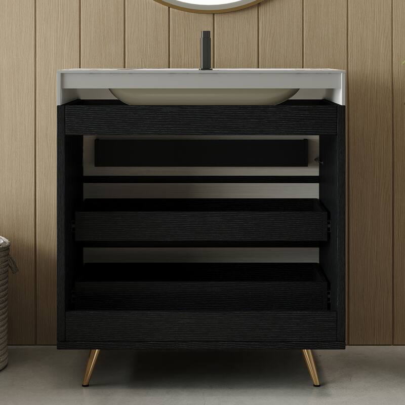 GDFStudio - Athens Modern 29.9" Freestanding Bathroom Vanity with Sintered Stone Top, Ceramic Vessel Sink & Stainless Steel Legs