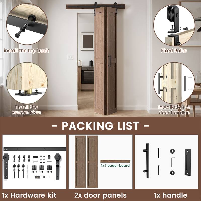 Assembled 30in./32in./36in./40in./44in./48in. x 84 in. Solid Core Pine Wood Bi-Fold Door With Hardware Kit