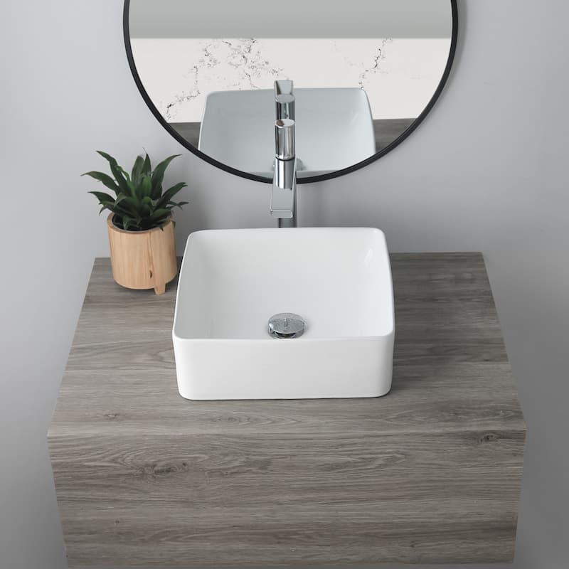 STYLISH 14 1/2 inch Square Porcelain Bathroom Sink - 14 1/2" x 14 1/2" x 5"