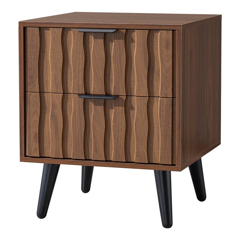 Mid-Century Modern Nightstand, Fluted End Table Drawer & Open Storage