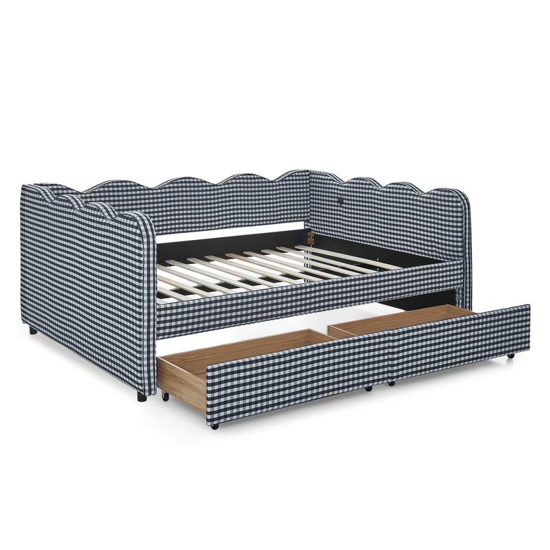 Full/Queen Gingham Daybed with 2 Storage Drawers, USB Port & Wave Shaped Linen Fabric