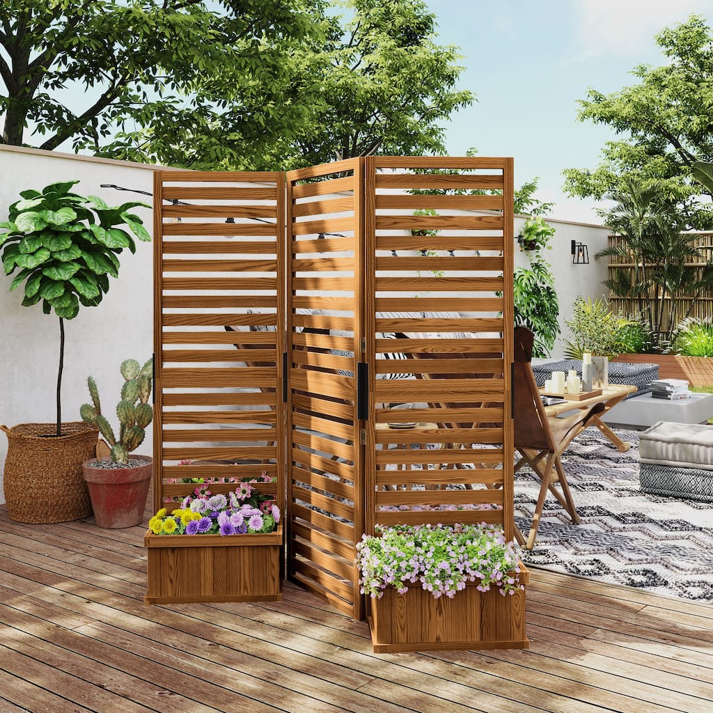 Outsunny Wood Privacy Screen with 4 Planter Box, Flower Pot Vegetable Raised Bed w/ 3 Panels and Drainage Holes for Patio
