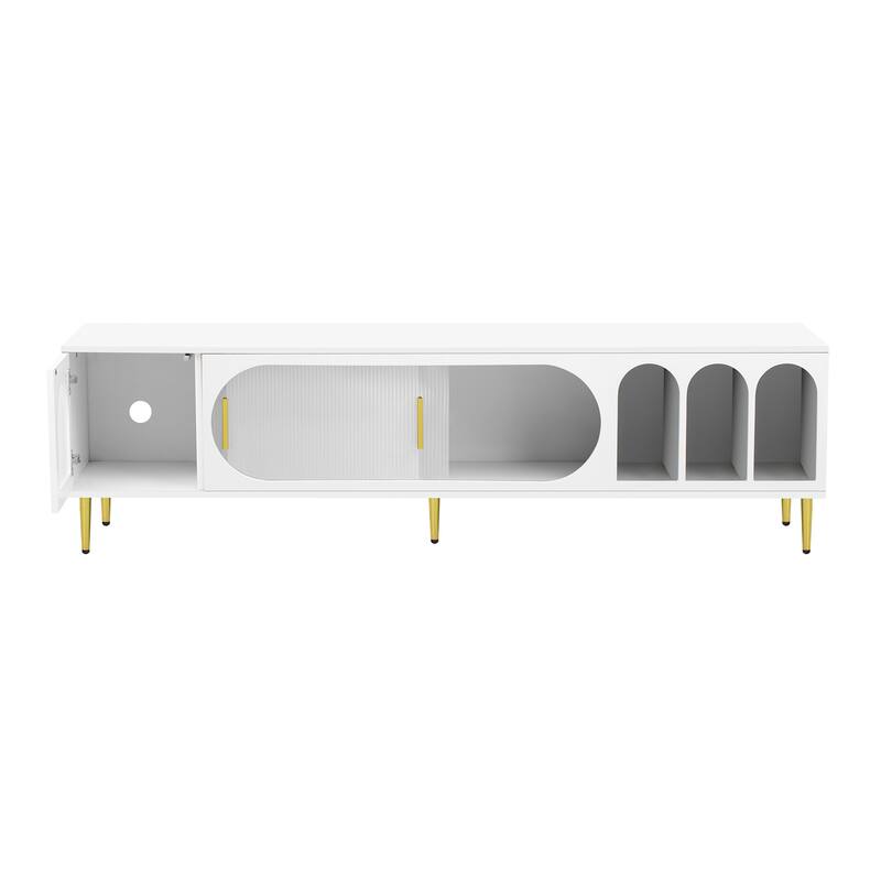 Modern 70" TV Stand with Arched Shelves, Sliding Acrylic Door, Metal Legs & Handles, Storage Cabinets