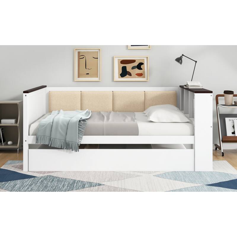 Roomfitters Twin/Full Wood Daybed with Storage Shelves, USB Ports and Trundle, White