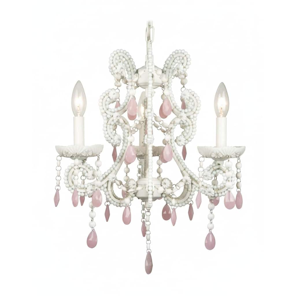 3-Light White Chandelier With Pink Crystals