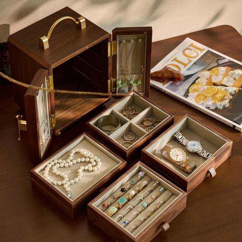 Handcrafted Black Walnut Wooden with Velvet Interior Jewelry Organizer - Ideal for Rings, Earrings & Bracelets