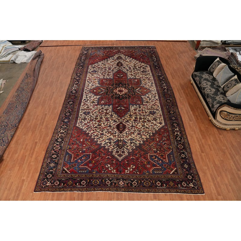 Hand Knotted Oriental 100% Wool Carpet Traditional Medallion Beige & Ivories Heriz Area Rug - 21' 3'' X 11' 5''