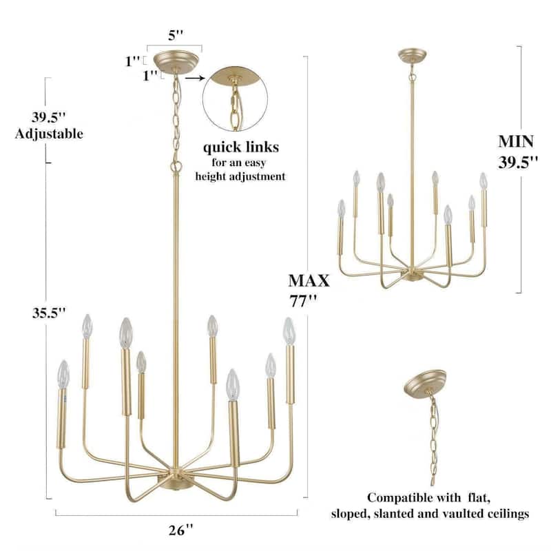 Modern Farmhouse 8-Light Chandelier Gold Classic Candle Light for Dining Room