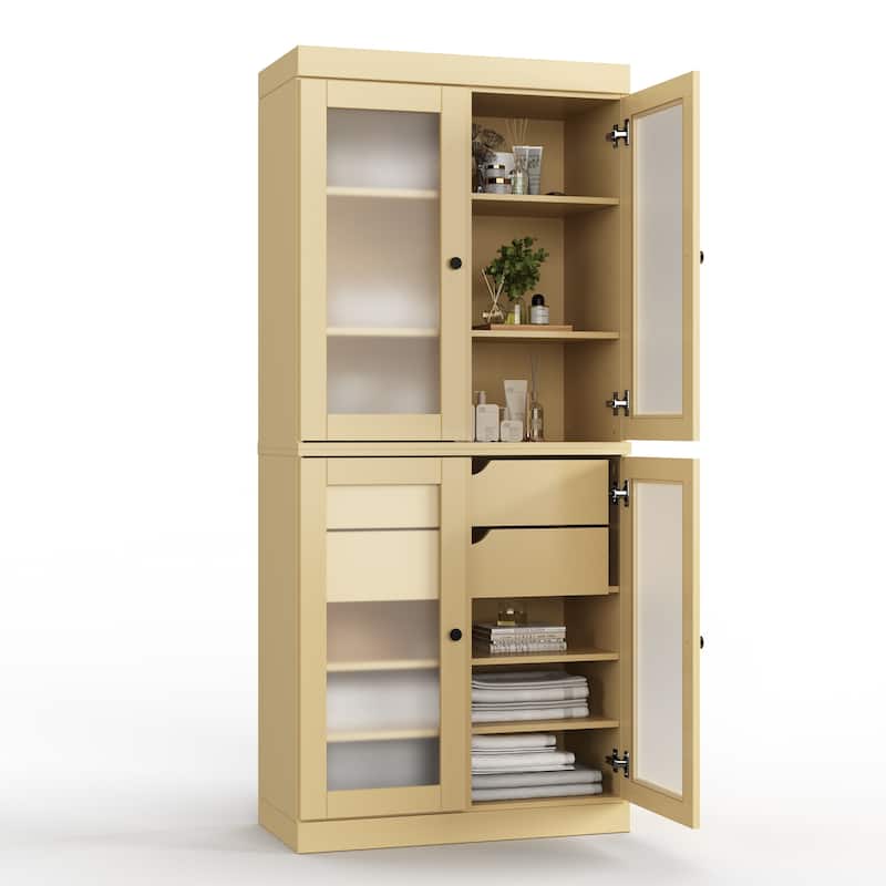 Palace Imports 100% Solid Wood 32" Bathroom Cabinet with Frosted Glass Doors, 2-Drawers and Adjustable Shelves - Yellow