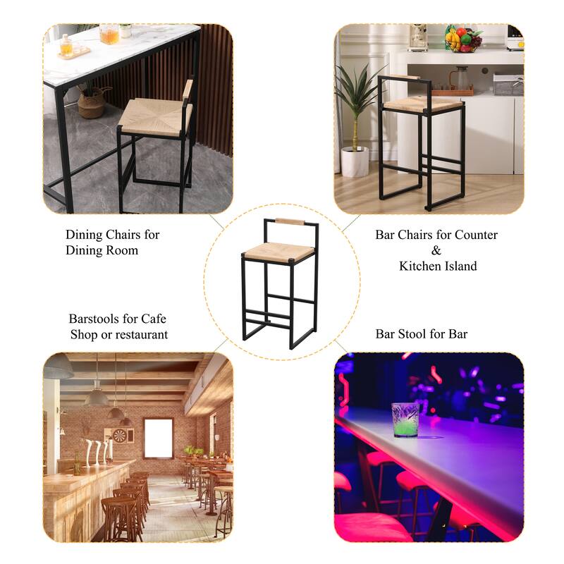 Set Of 2 Bar Stools With Back Paper Rope Woven Counter Height Dining Chairs For Kitchen