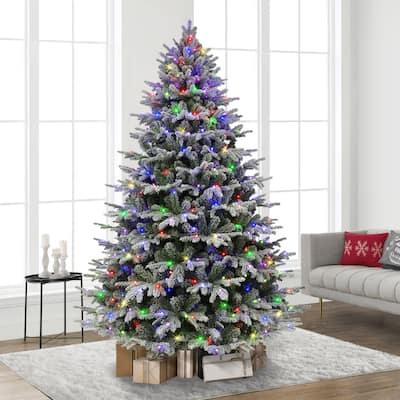 Puleo International 7.5' Pre-Lit Flocked Alaskan Winter Fir Tree with Dual-Color LED Lights