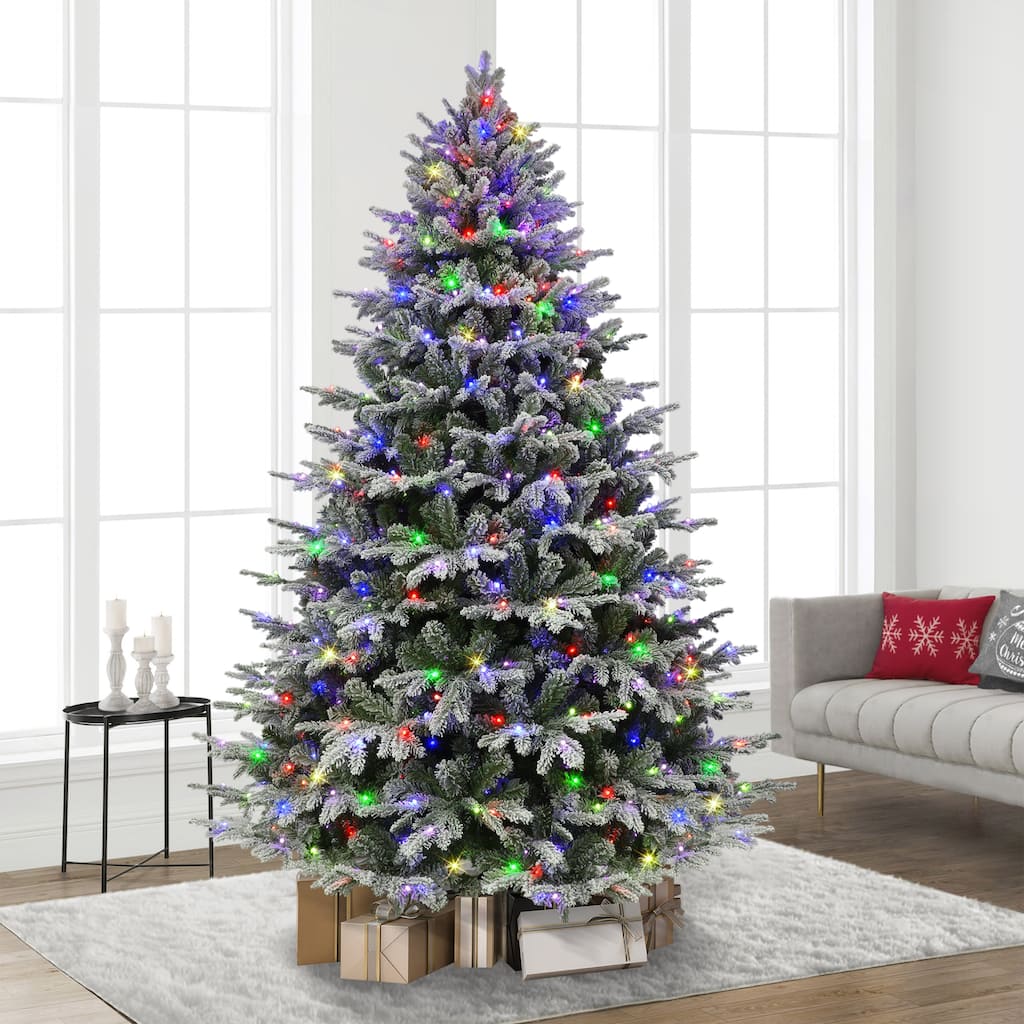 Puleo International 7.5' Pre-Lit Flocked Alaskan Winter Fir Tree with Dual-Color LED Lights