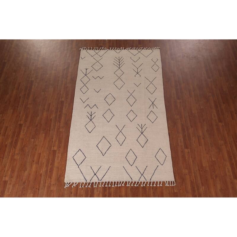 Geometric Ivory Moroccan Area Rug Hand-Knotted Wool Carpet - 5'7"x 9'5"