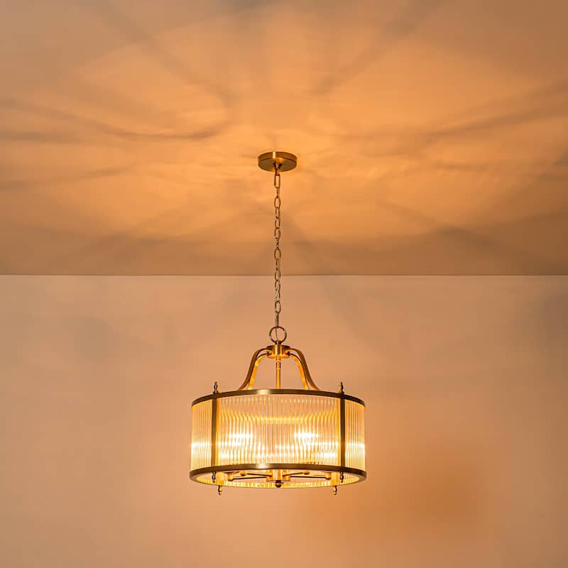 Modern Glam 5-Light Clear Ribbed Glass Drum Chandelier for Dining and Living Room - Gold