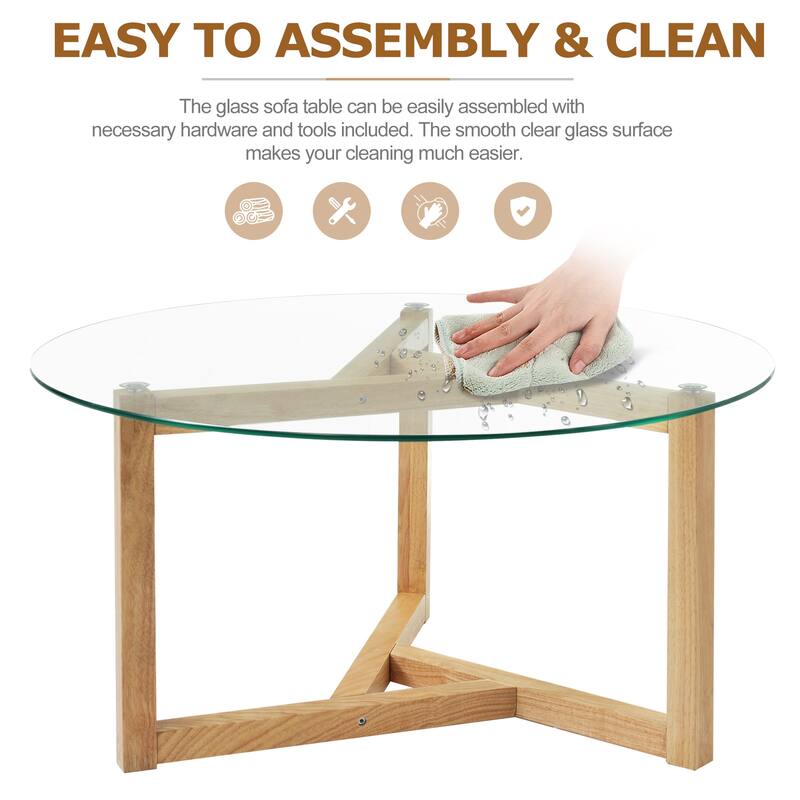 35.43" Modern Coffee Table with Tempered Glass Top and Sturdy Wood Base