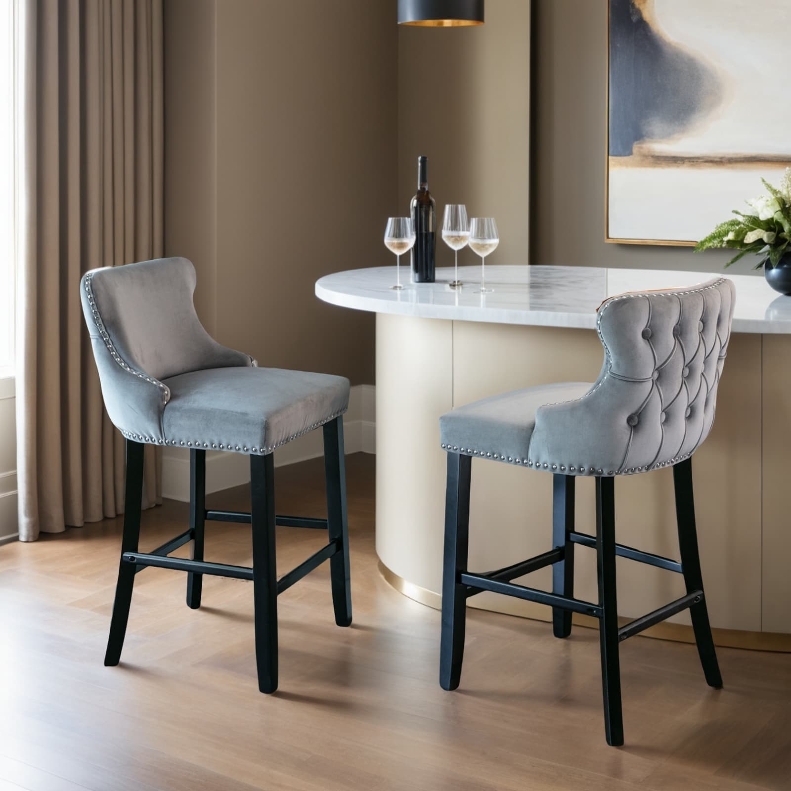 Velvet Upholstered Wing-Back Barstools with Button Tufted Decoration and Wooden Legs, Bar stools, Set of 2 (Gray)