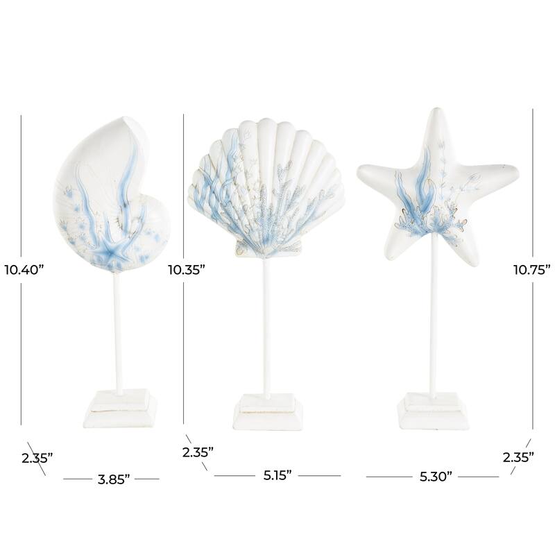 White Polystone Shell and Starfish Sea Life Decorative Sculpture with Blue Coral Patterns (Set of 3)