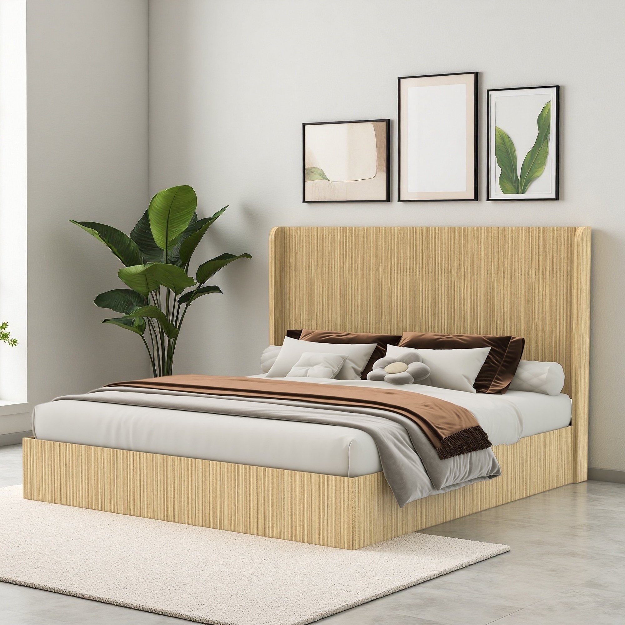 Wood Platform Bed Frame with Fluted/Wingback Headboard and No Box Spring Needed