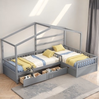 Twin Size House Platform Kids Bed Frame with Three Storage Drawers, Grey