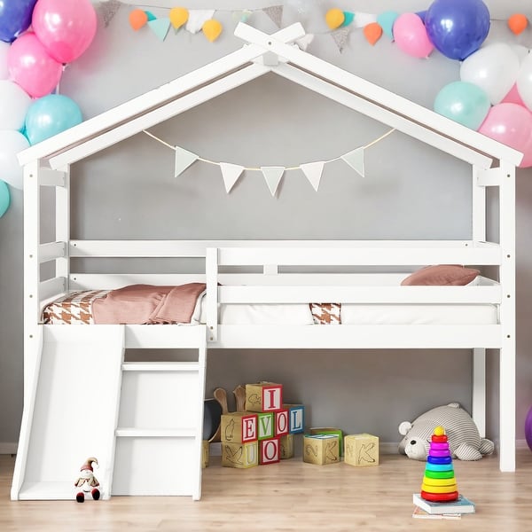 slide 2 of 6, Twin Low Loft House Bed with Slide, Ladder, Safety Guardrails, House Roof Frame White