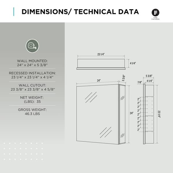 dimension image slide 6 of 15, Bathroom Medicine Cabinet, Aluminum, Recessed/Surface Mount, Right/Left Hinged, Mirrored Interior