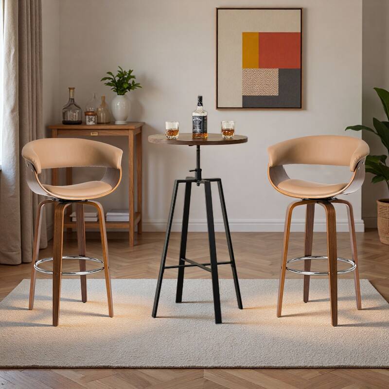 Glitzhome Modern 3-Piece Wooden Swivel Bar Stools & Height Adjustable Pub Table Set - Brown Table & Brown PU Chairs