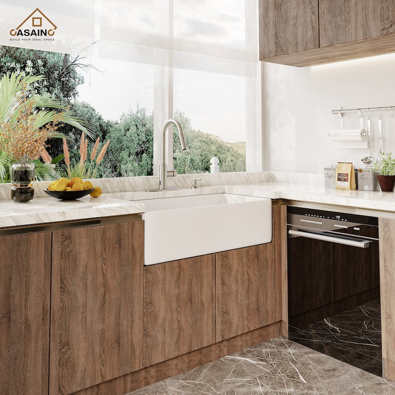 All-in-One Kit Farmhouse/Apron-Front Single Bowl Fireclay Kitchen Sink with Pull Down Sprayer Kitchen Faucet and Accessories
