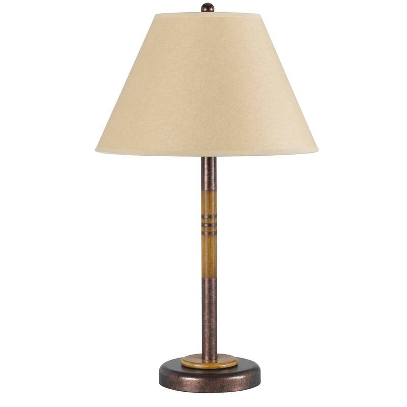 HomeRoots 24" Rustic Bronze and Oak Metal Table Lamp With Brown Empire Shade - 14.00 in. x 24.00 in. x 14.00 in.