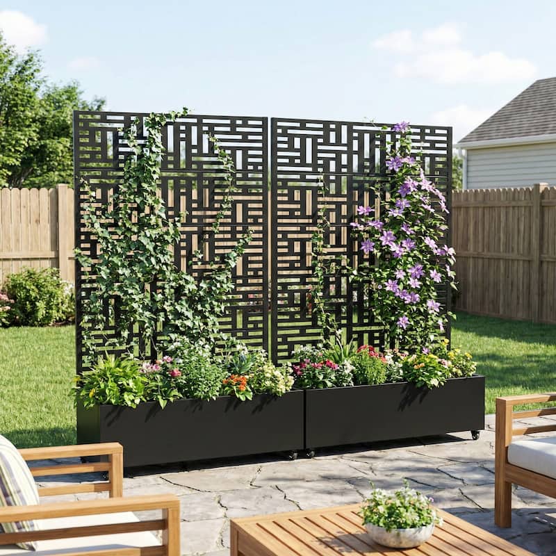 Metal Planter Box with Trellis Privacy Screen Planter Box with Lockable Wheels Set of 2