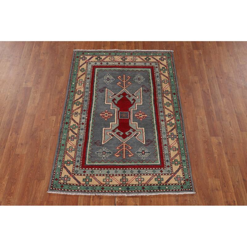 Gray Geometric Kazak Foyer Rug Hand-Knotted Traditional Wool Carpet - 3'4" x 4'9"