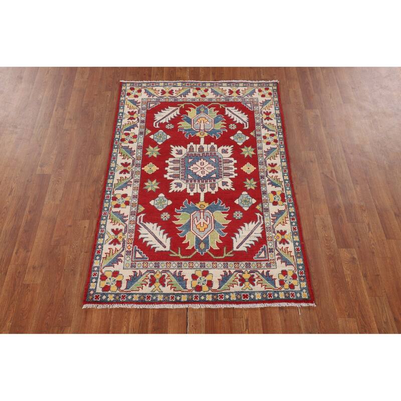 Traditional Kazak Foyer Rug Handmade Red Geometric Wool Carpet - 3'5" x 5'1"