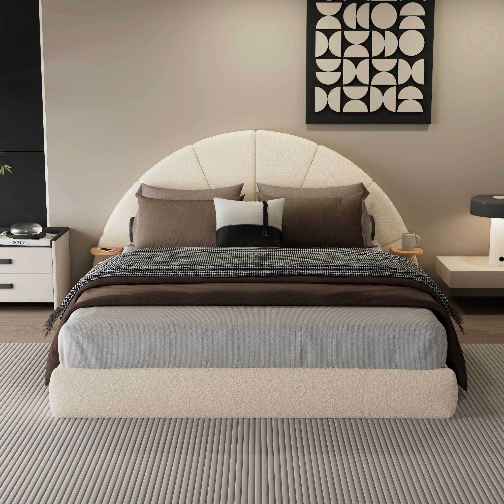 Unique Arched Bouclé Bed with Attached Small Table