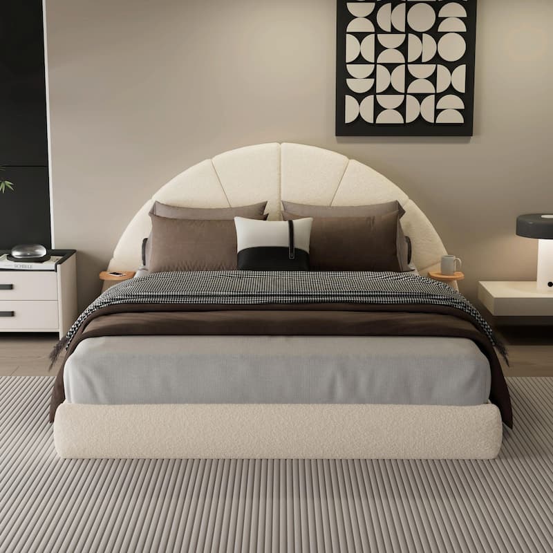 Unique Arched Bouclé Bed with Attached Small Table - Beige - Queen