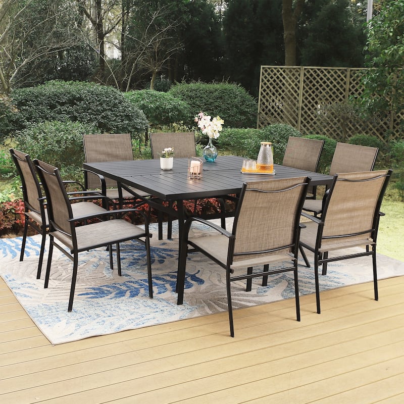 MAISON ARTS 9-Piece Patio Dining Set, 60 Inch Square Metal Table and 8 Textilene Dining Chairs