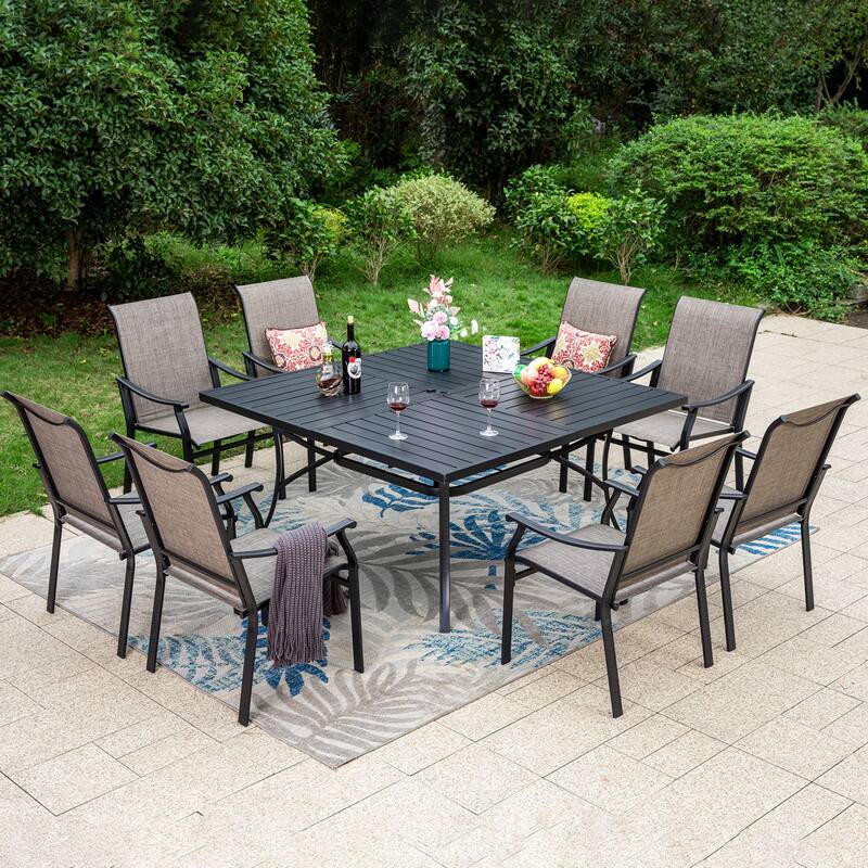 MAISON ARTS 9-Piece Patio Dining Set, 60 Inch Square Metal Table and 8 Textilene Fabric Padded Armchairs