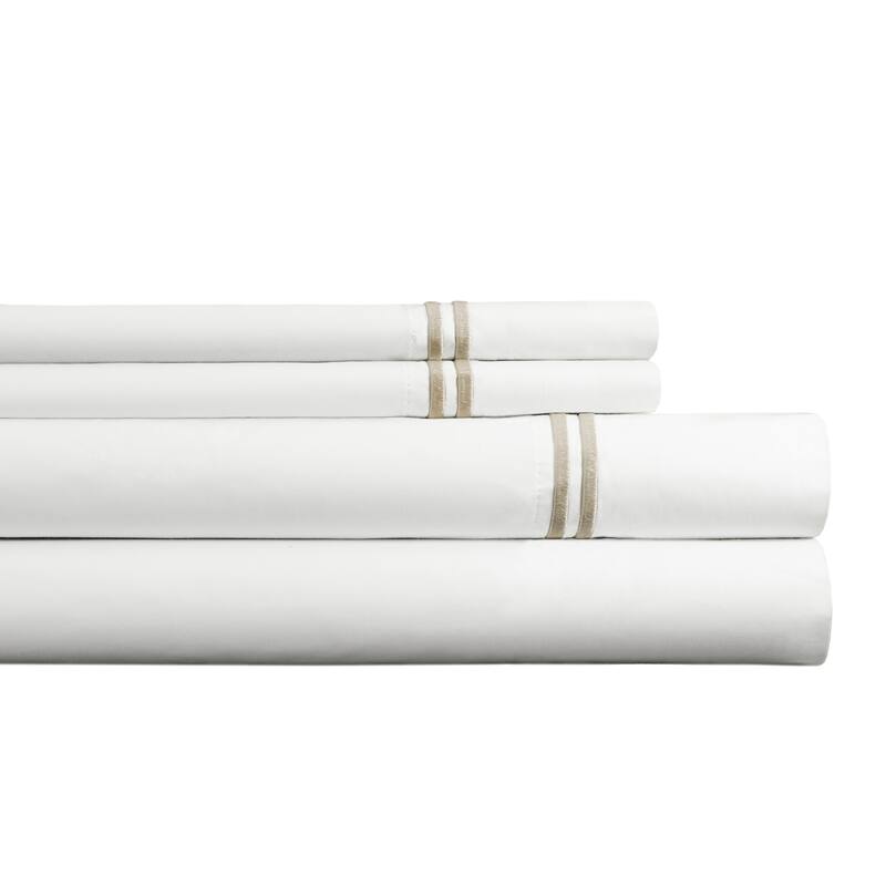 Pointehaven 300 TC Percale 100% Long Staple Cotton Cooling Double Satin Embroidered Stitch Oversized Sheet Set - King - White-Taupe