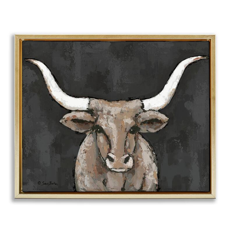 Stupell Longhorn on Murky Grey Framed Floater Canvas Wall Art Design By Sara Baker - 21 x 17 - Gold