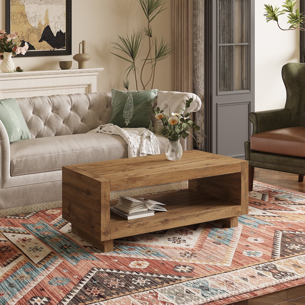 A modern minimalist MDF natural wood-colored rectangular coffee table measuring47.2*23.6*18 inches