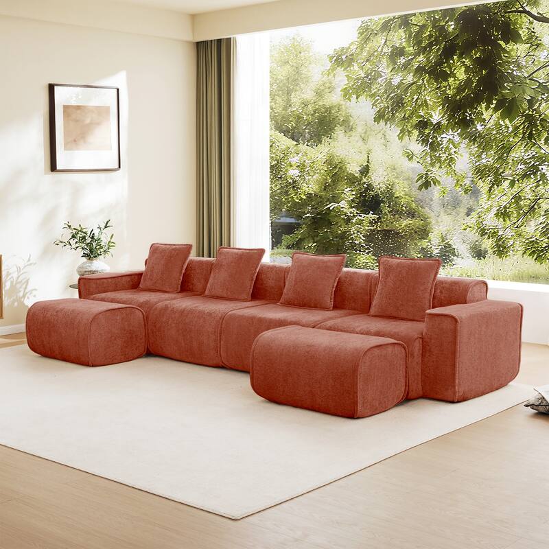 GDFStudio - Velvet Streamlined Modular 4-Seater 138.58" U-Shaped Sectional Sofa with 2 Ottomans